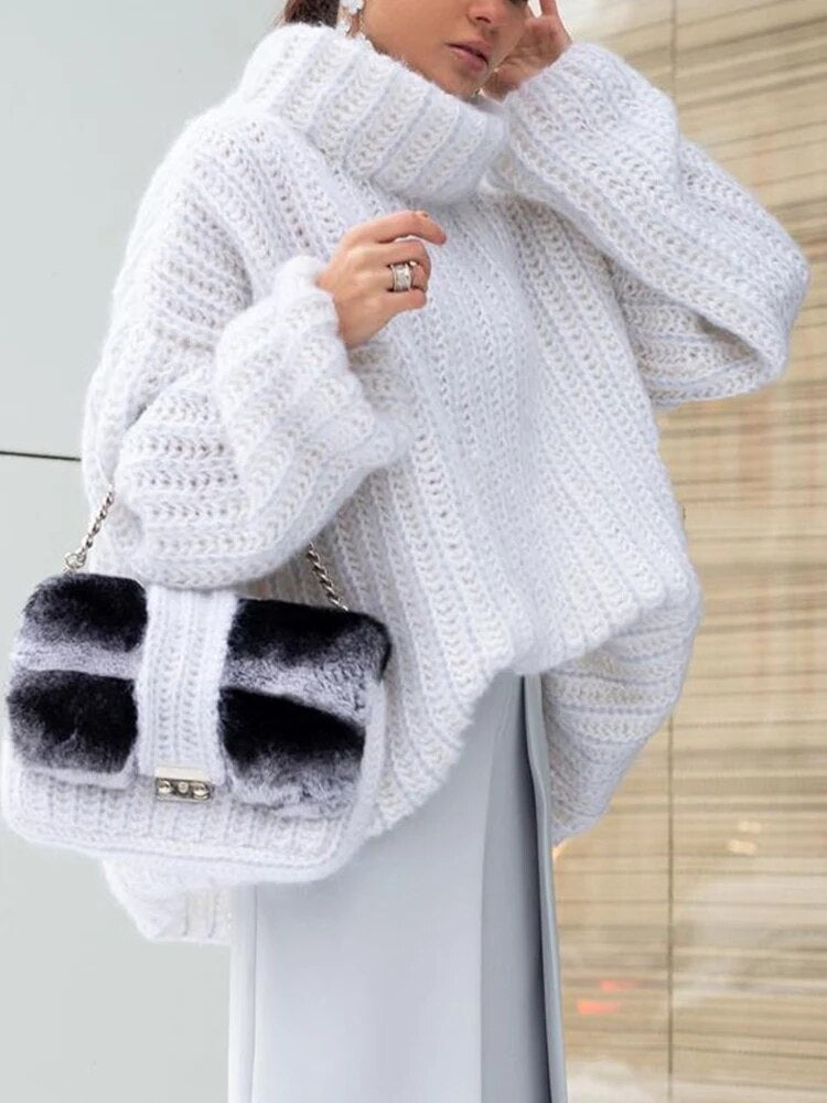 Mohair Sweaters For Women Turtleneck Long Sleeve Loose Pullover Winter Sweater Female Fashion Clothing-ROVOLE