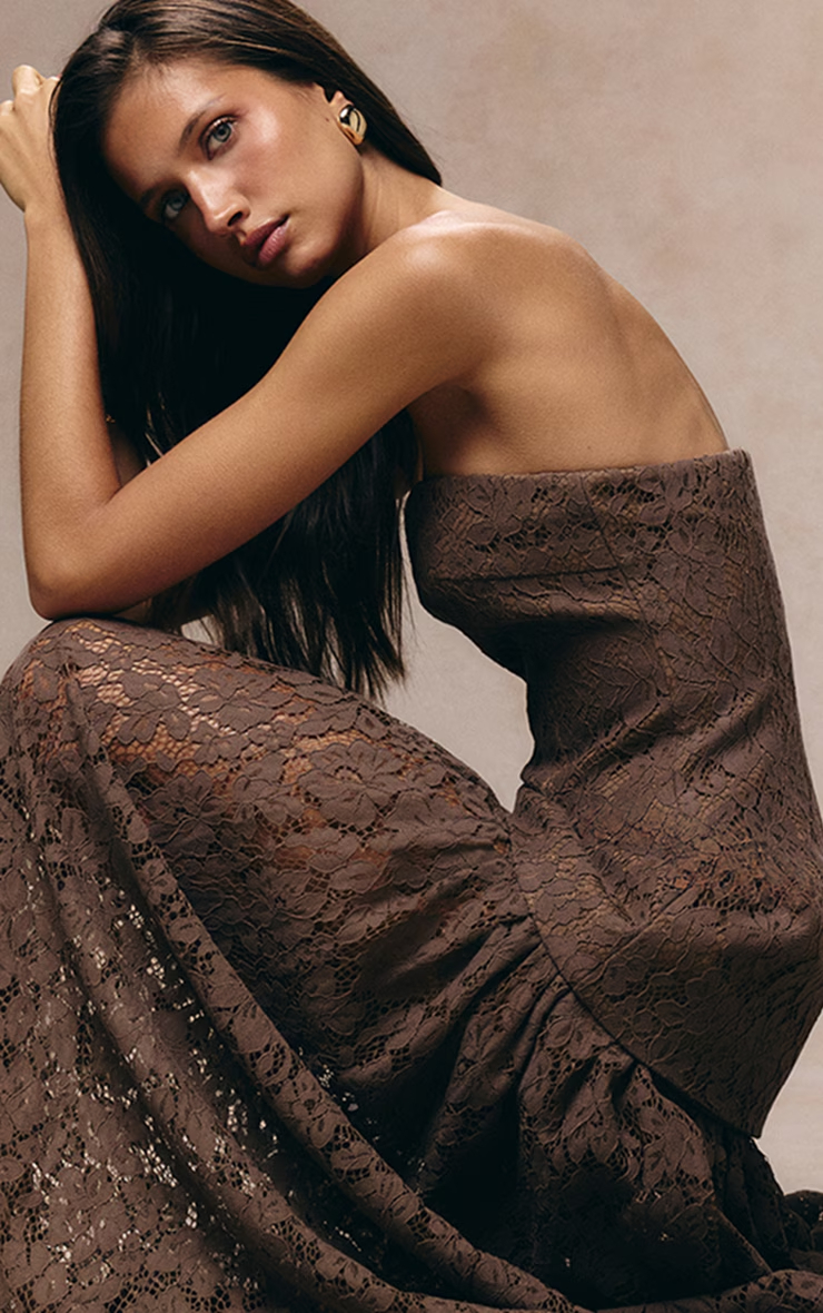 Taupe Lace Sheer Skirt Panel Bandeau Midaxi Dress