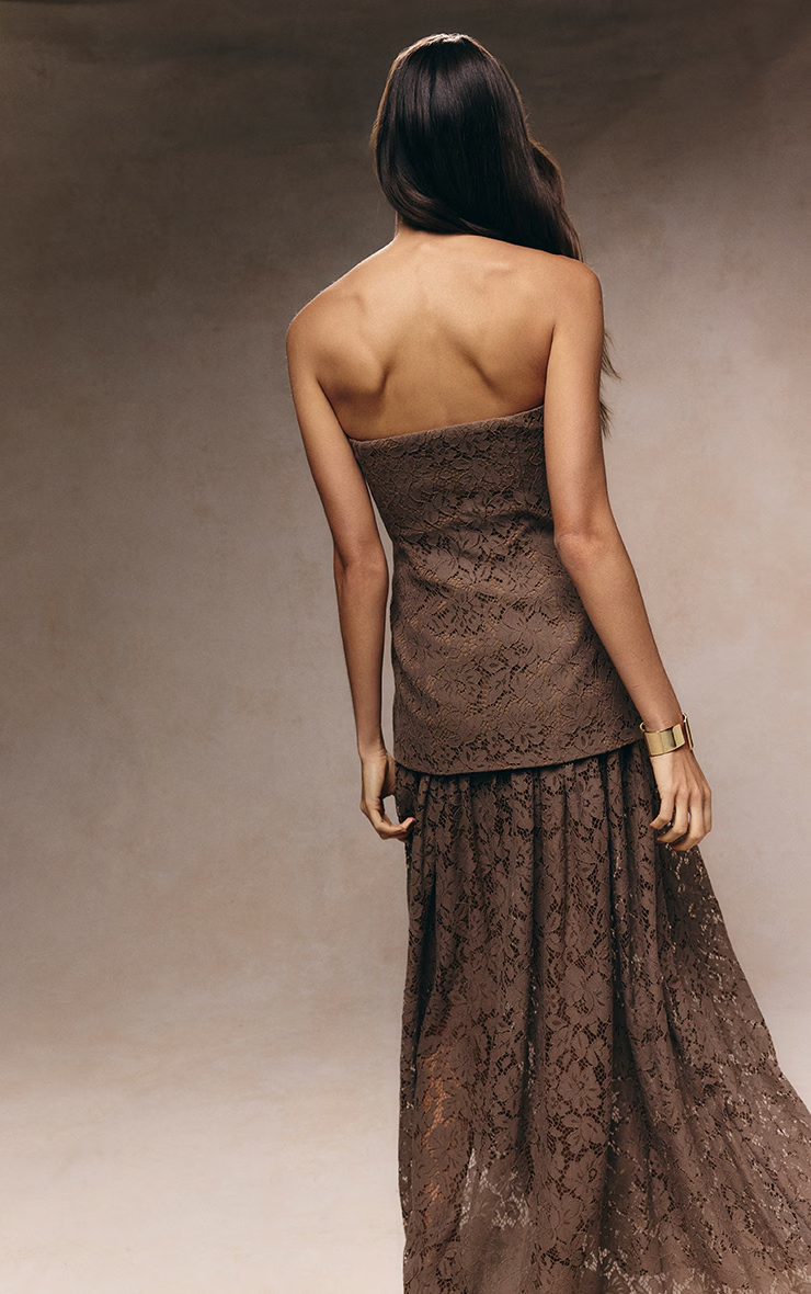 Taupe Lace Sheer Skirt Panel Bandeau Midaxi Dress