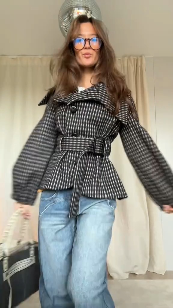 Belted Checked Peplum Jacket