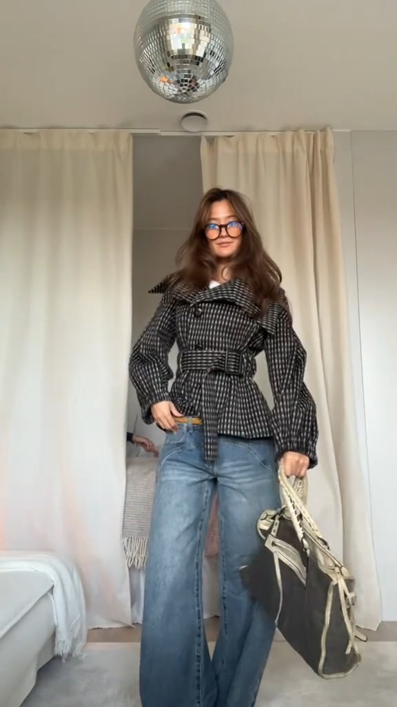 Belted Checked Peplum Jacket