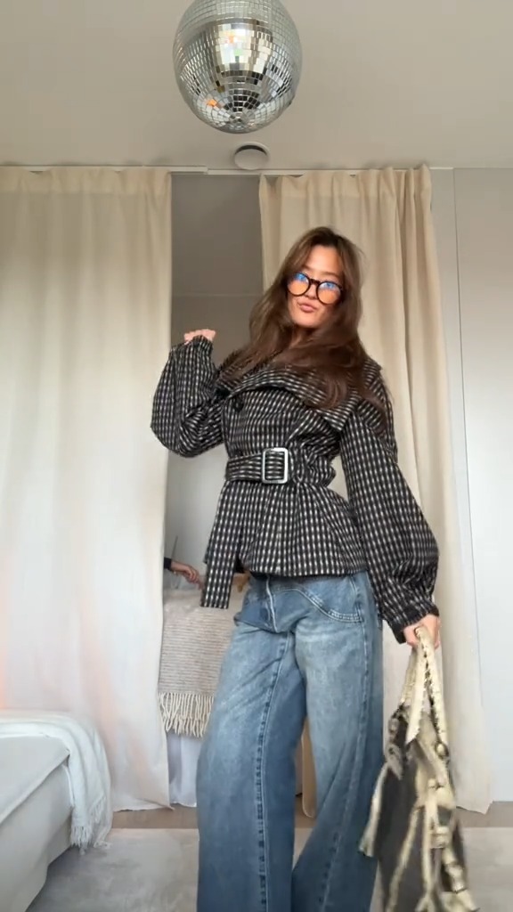 Belted Checked Peplum Jacket