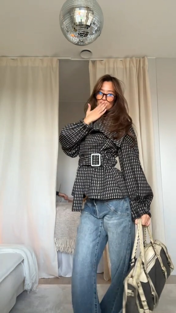 Belted Checked Peplum Jacket