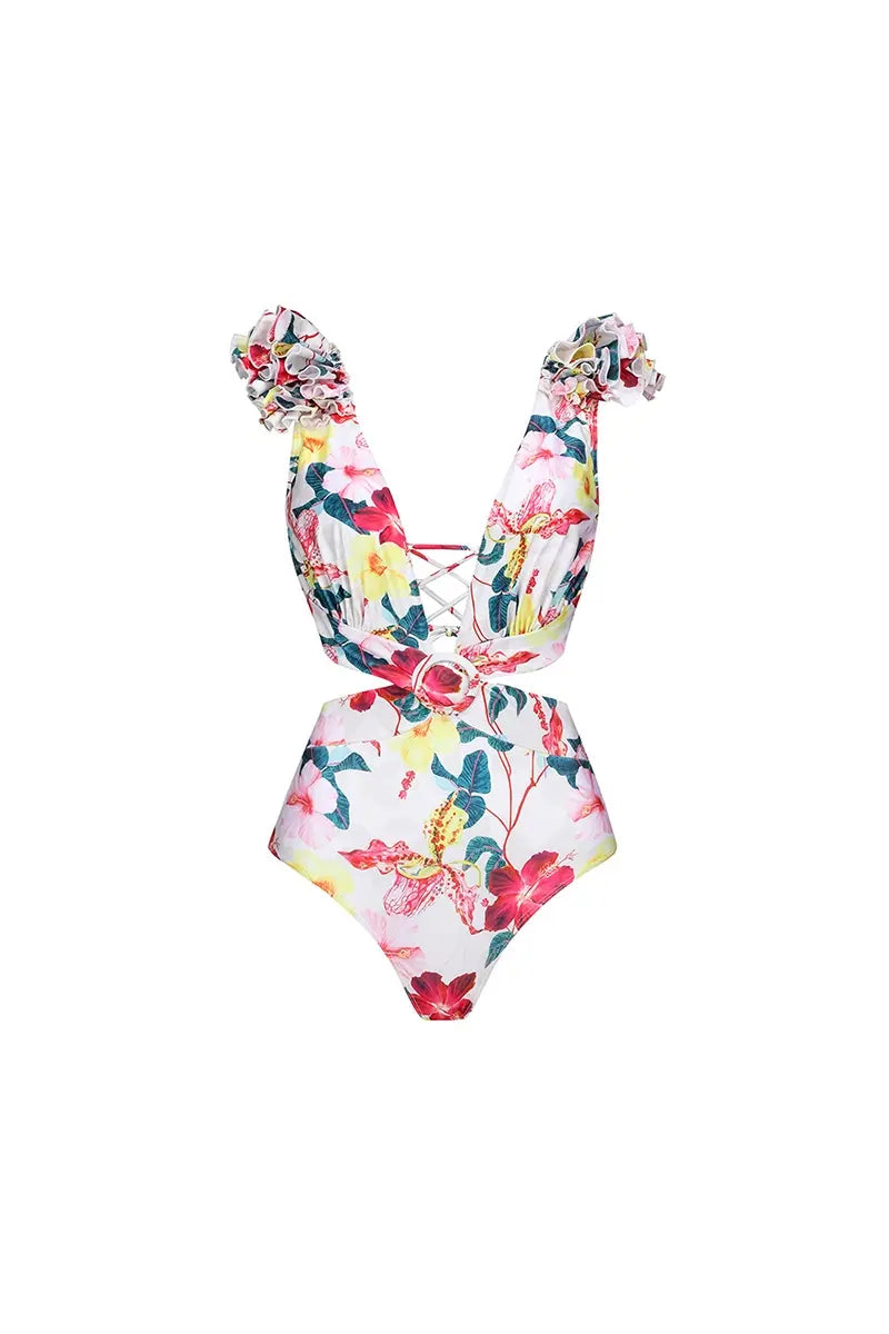 3D Floral Cutout Swimsuit One Piece Set-ROVOLE