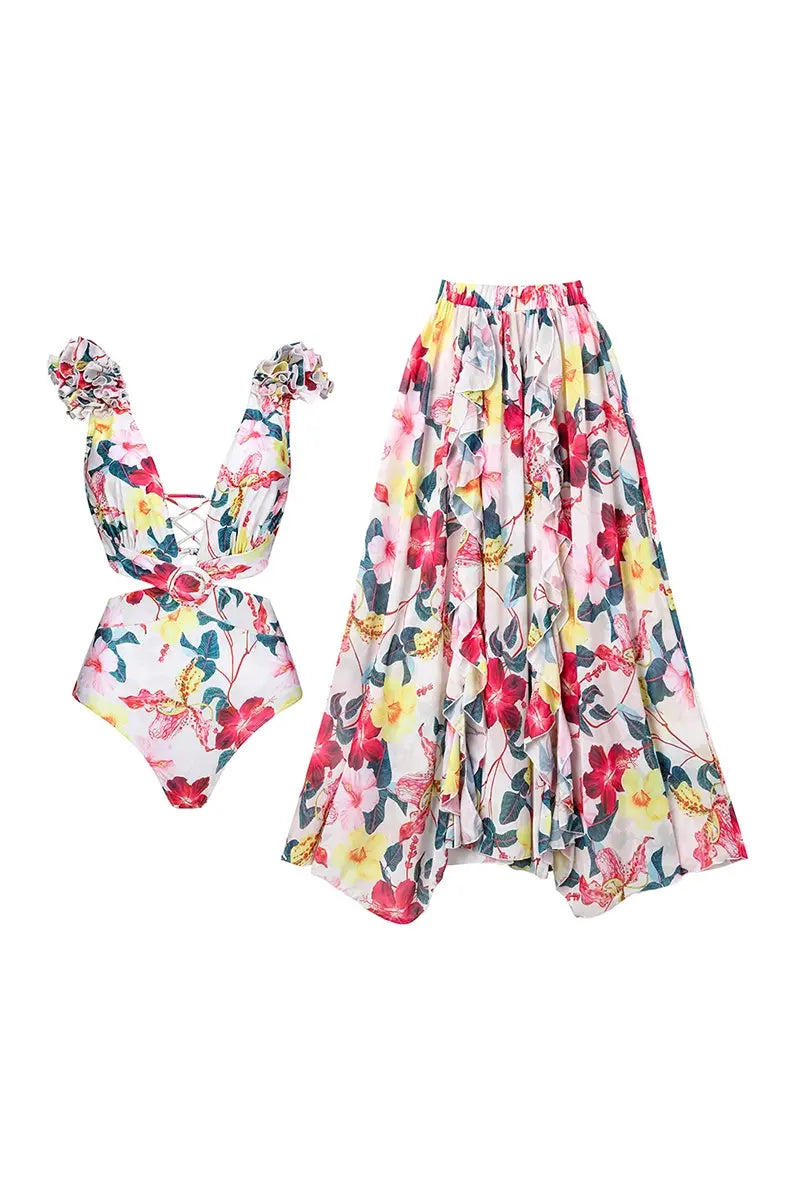 3D Floral Cutout Swimsuit One Piece Set-ROVOLE