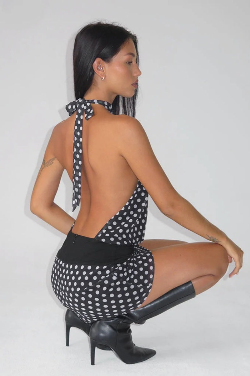 Valina  Basic Polka Black Mini Dress-ROVOLE