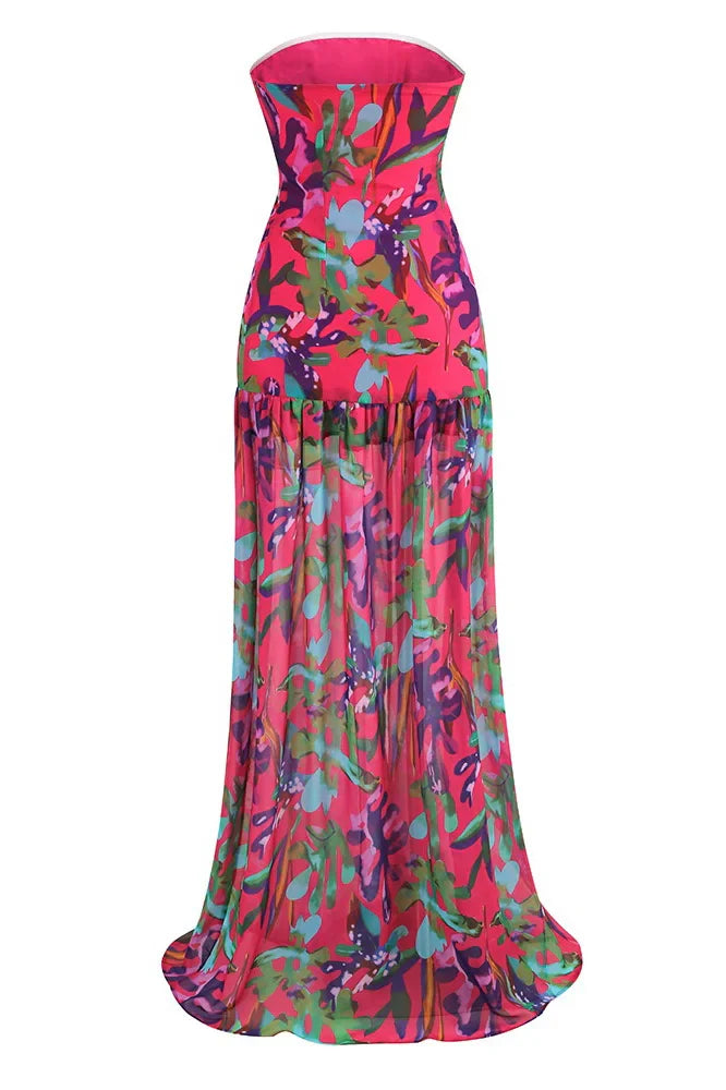 Pam Printed Strapless Slit Maxi Dress-ROVOLE