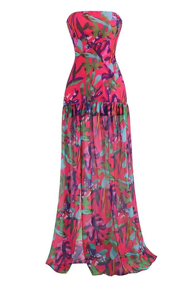 Pam Printed Strapless Slit Maxi Dress-ROVOLE