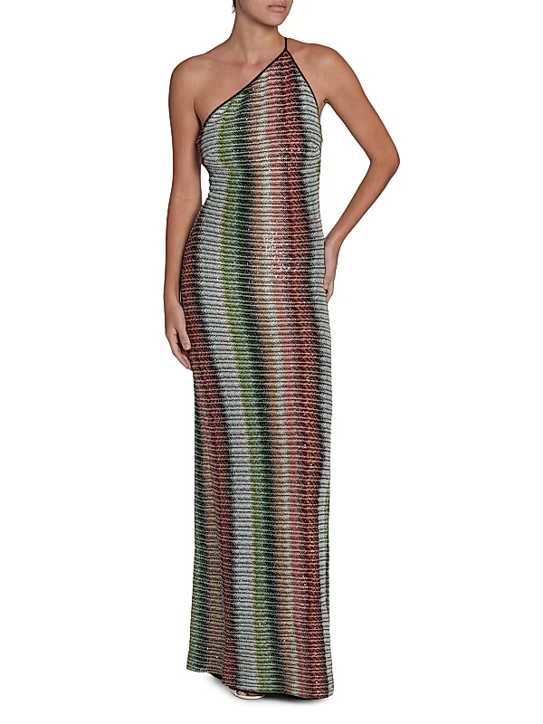Zigzag Embellished Knit One-Shoulder Maxi Dress