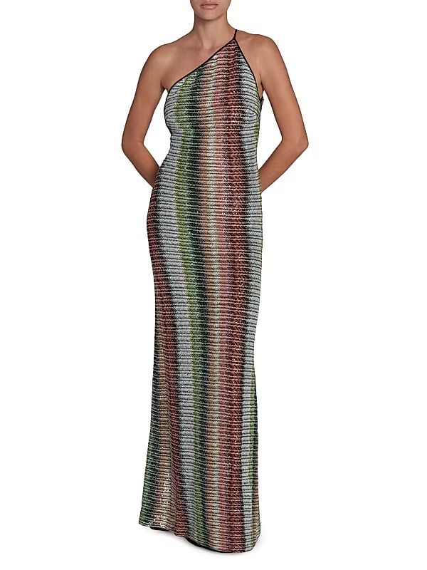 Zigzag Embellished Knit One-Shoulder Maxi Dress