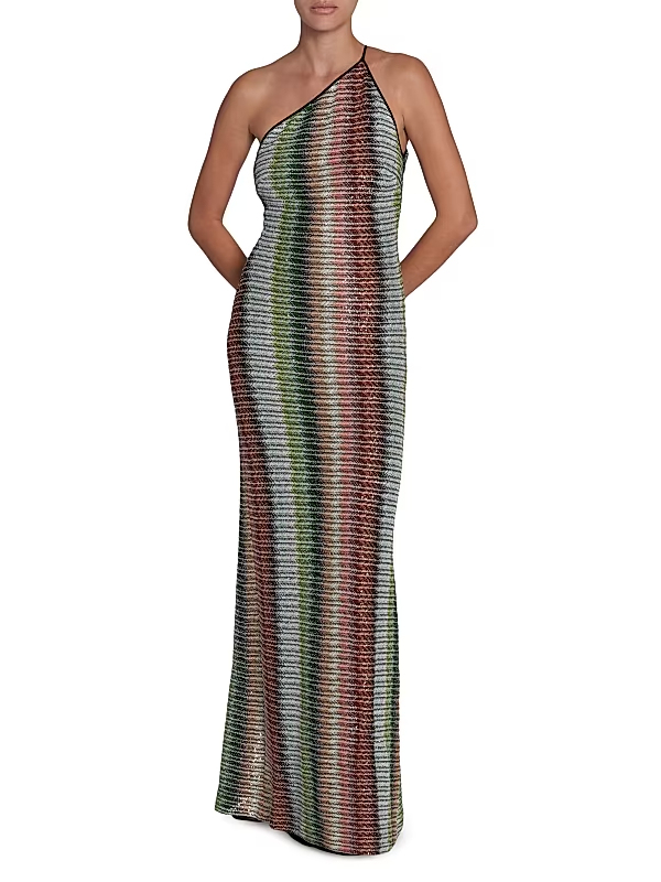 Zigzag Embellished Knit One-Shoulder Maxi Dress