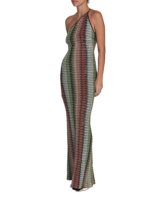 Zigzag Embellished Knit One-Shoulder Maxi Dress