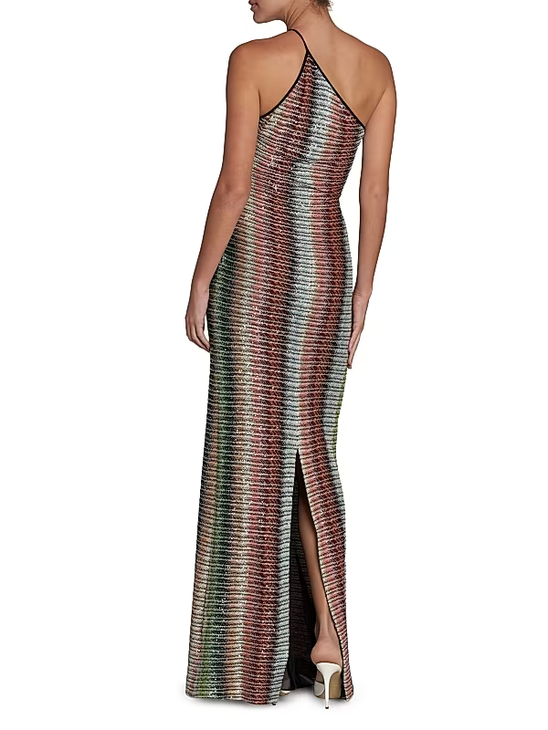 Zigzag Embellished Knit One-Shoulder Maxi Dress
