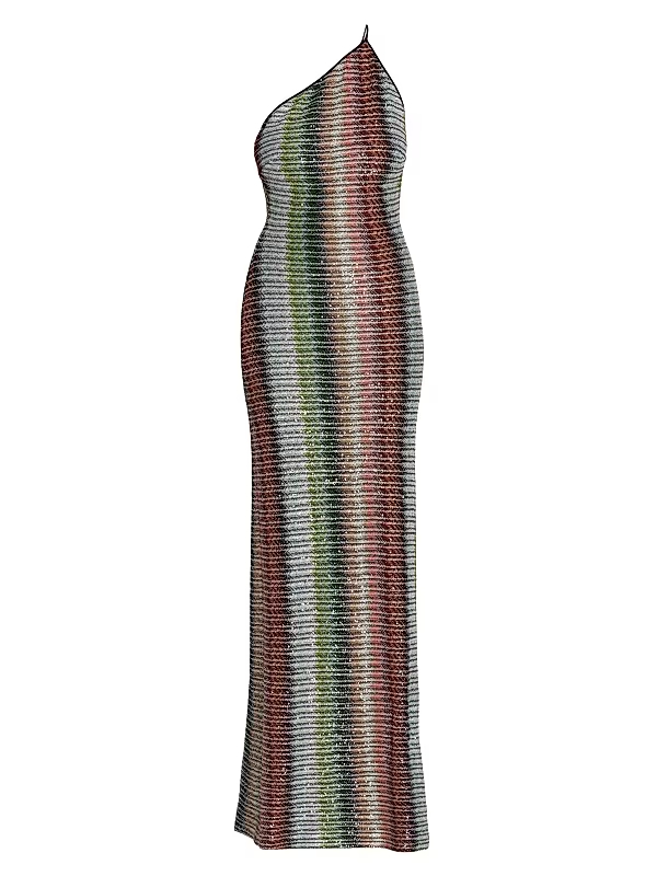 Zigzag Embellished Knit One-Shoulder Maxi Dress