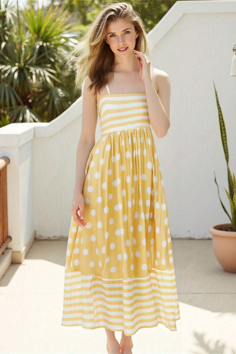 Polka Dot Square Neck Cami Midi  Dress-ROVOLE