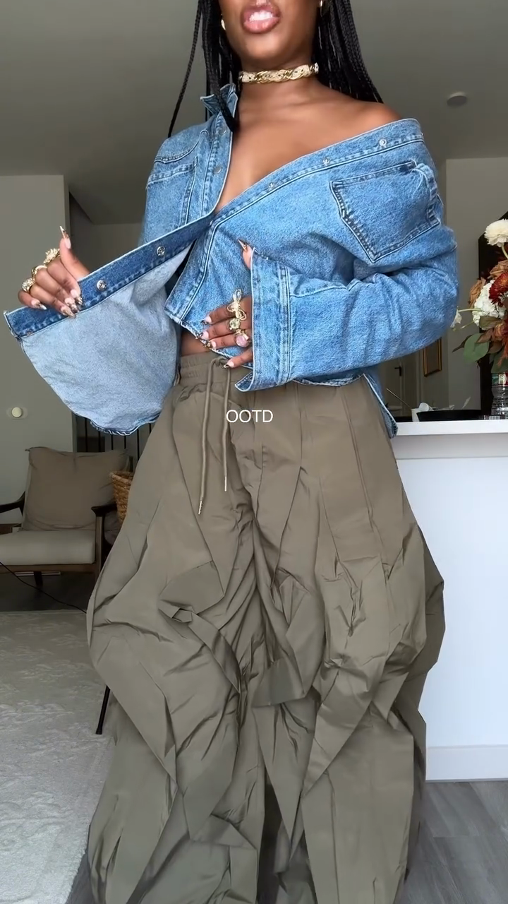 Olive Green Ruched Cargo Parachute Pants-ROVOLE