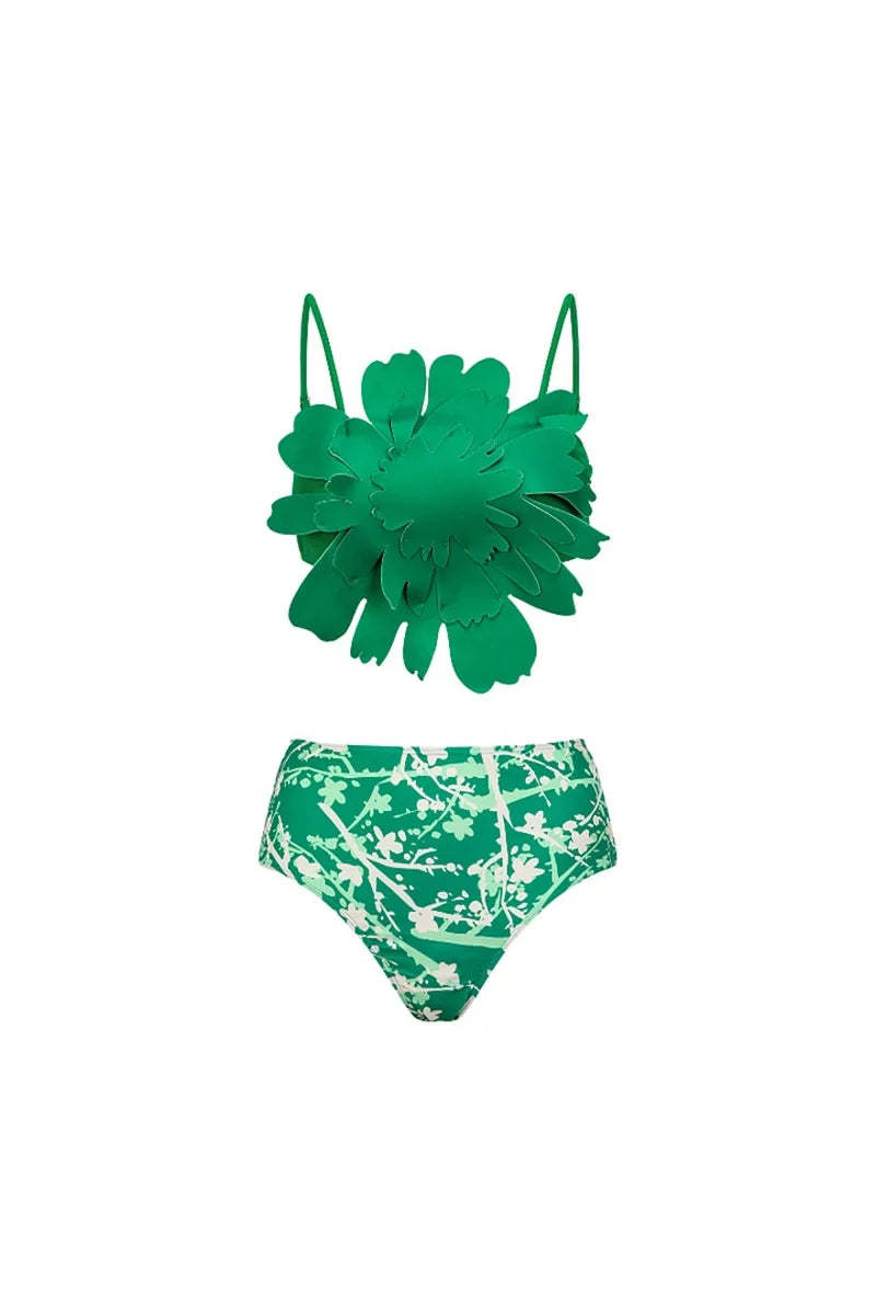 Floral Accent Green Printed Bikini Set-ROVOLE