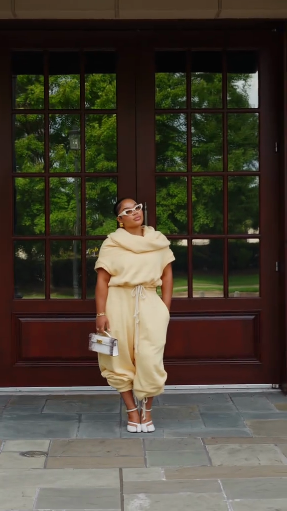 Cream - Colored Cowl - Neck Top and Drawstring Pants Set