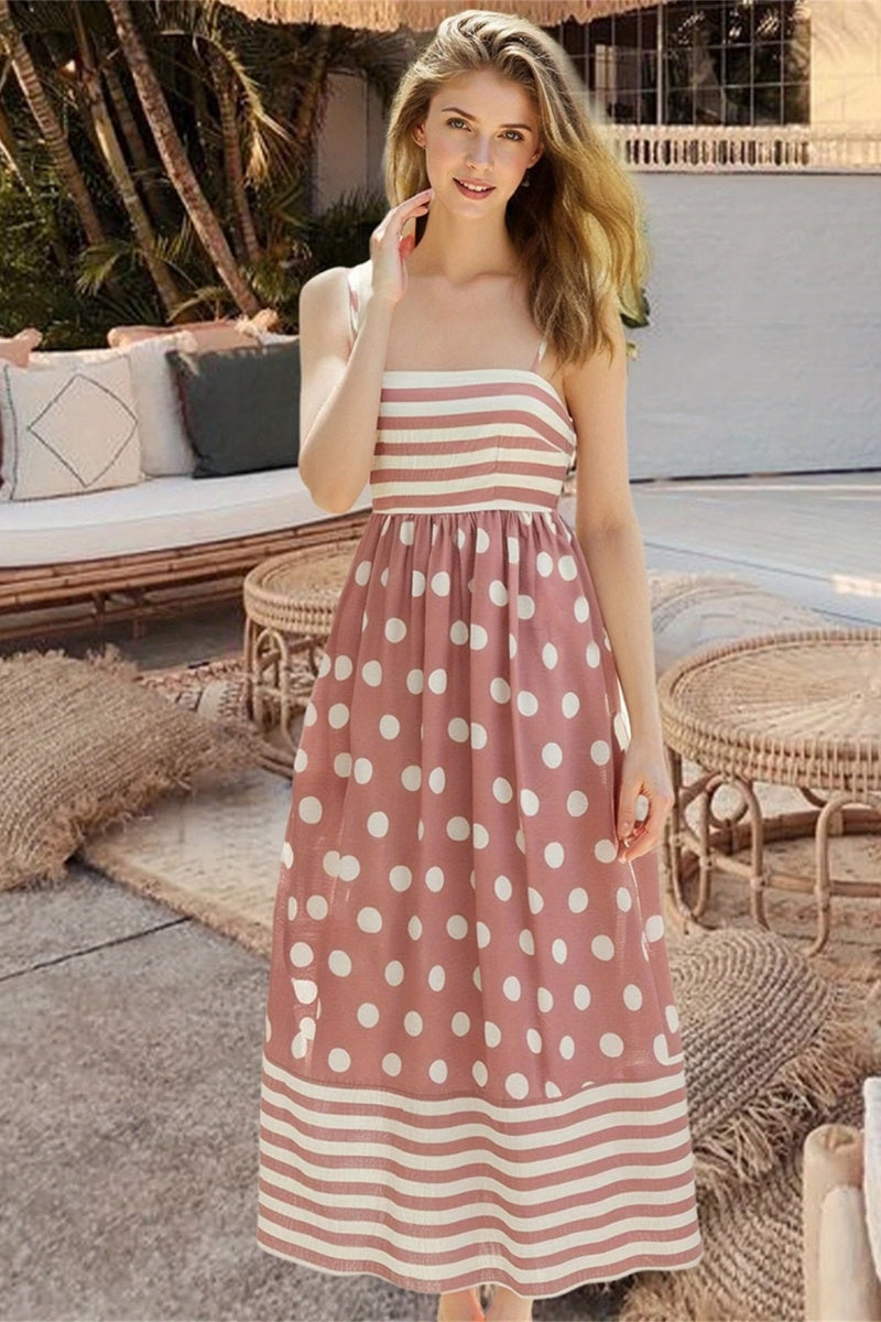 Polka Dot Square Neck Cami Midi  Dress-ROVOLE