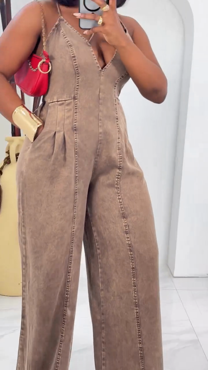 Brown Denim Strappy Jumpsuit