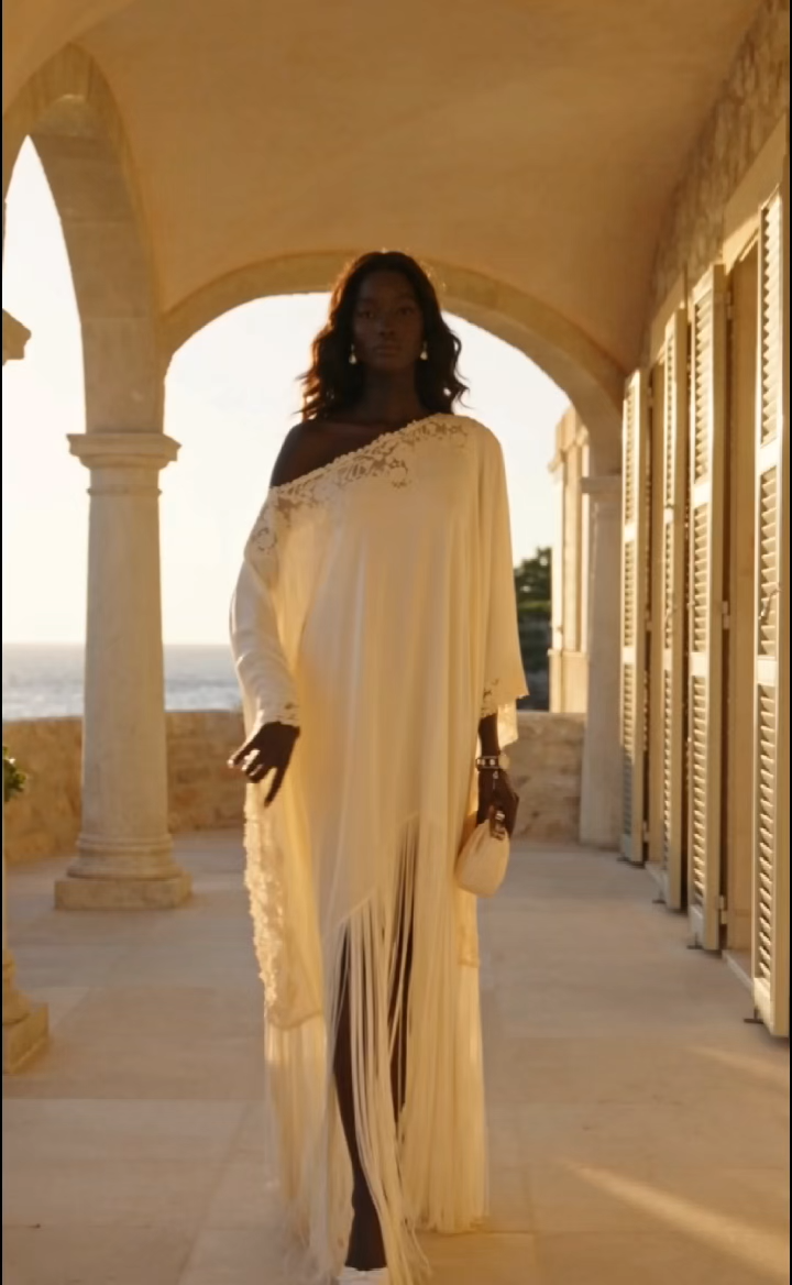 Ivory Lace Trim Fringe One-Shoulder Gown