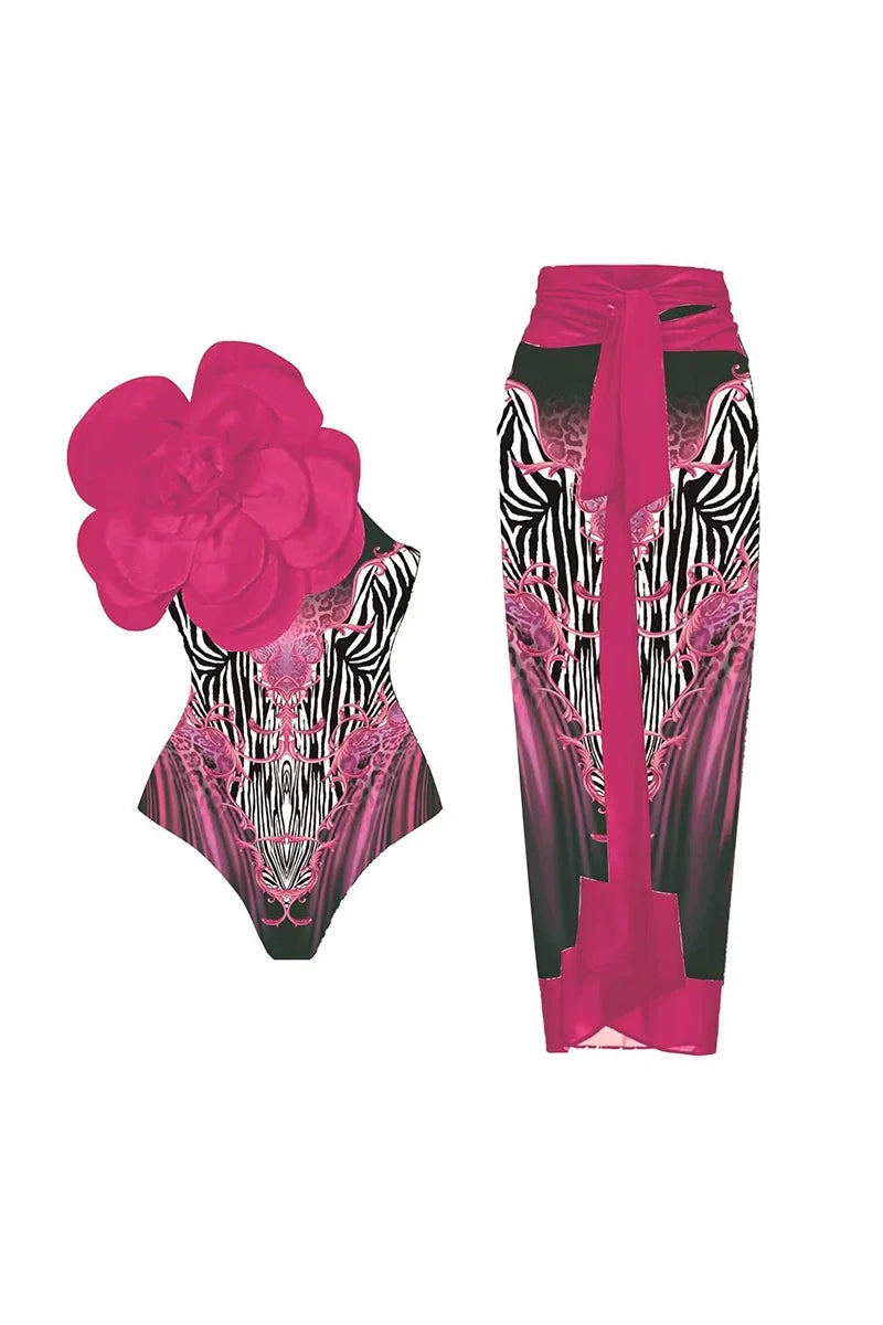 Magenta Floral Print 3D Flower Swimsuit-ROVOLE