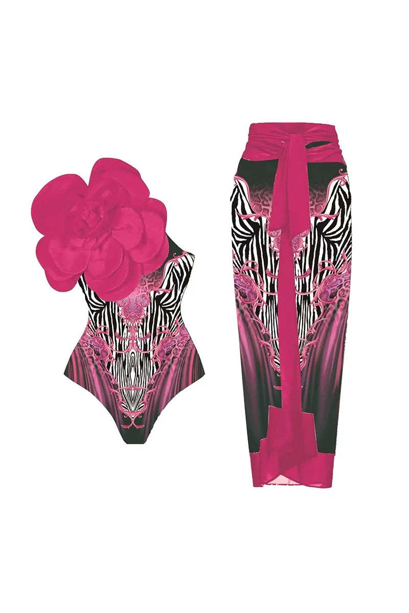 Magenta Floral Print 3D Flower Swimsuit-ROVOLE