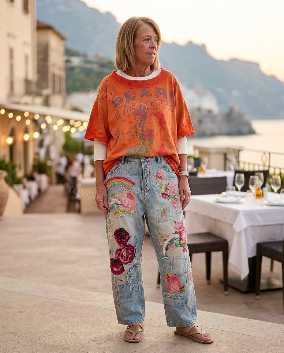 Light Wash Denim Aura Wedding Guest Embroidered Pant Set Light Wash Denim Pant Set with Relaxed Fit silhouette and Textured texture, editorial ecommerce scene for Wedding Guest, Evening in Amalfi, Summer current summer selling: vacation, resort dinner, we by rovole