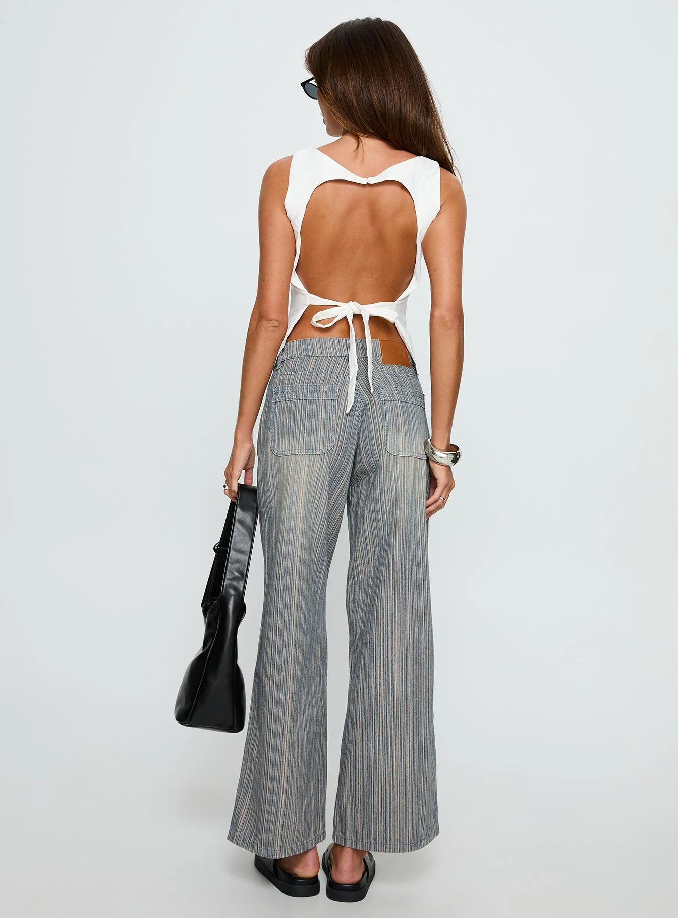 Peplum Cutout Top & Denim Striped Pants Outfit