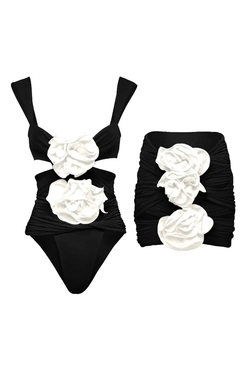3D Floral Black Swimsuit Set-ROVOLE