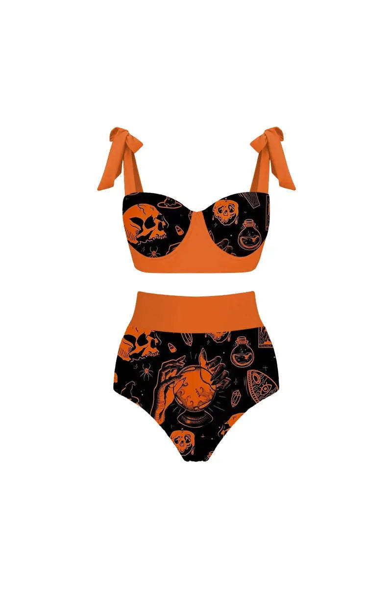 Halloween Pumpkin Skull Print Bikini Set-ROVOLE