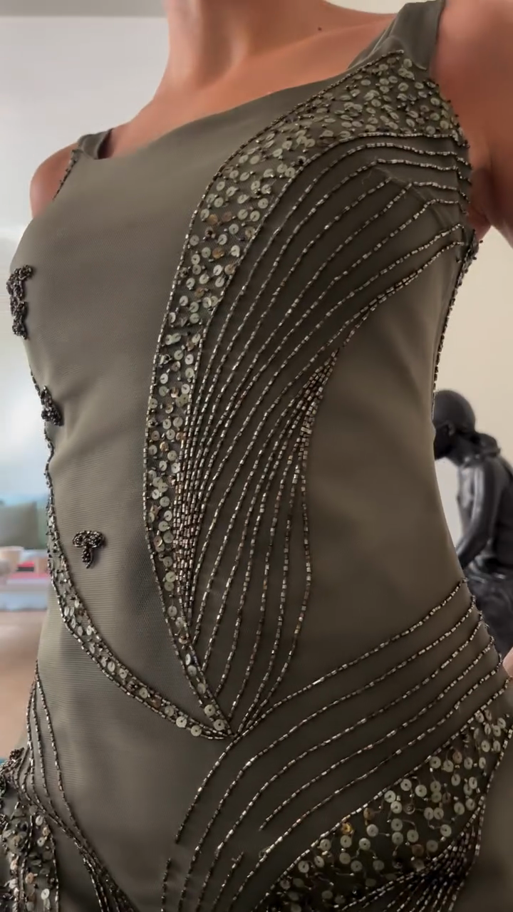 Embellished Olive - Green Evening Gown-ROVOLE