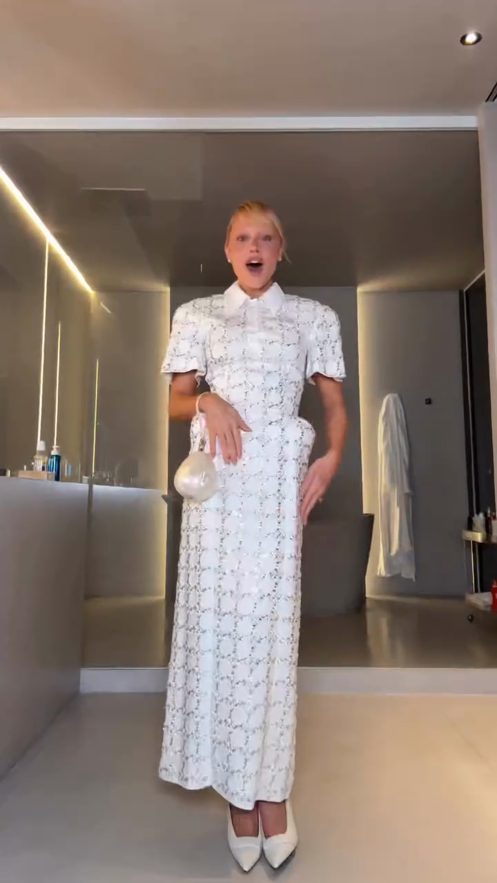 White Lace Midi Dress with Shirt Collar-ROVOLE