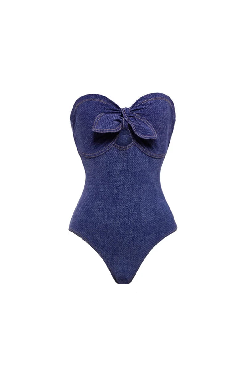 Denim Bandeau One Piece Swimsuit Set-ROVOLE