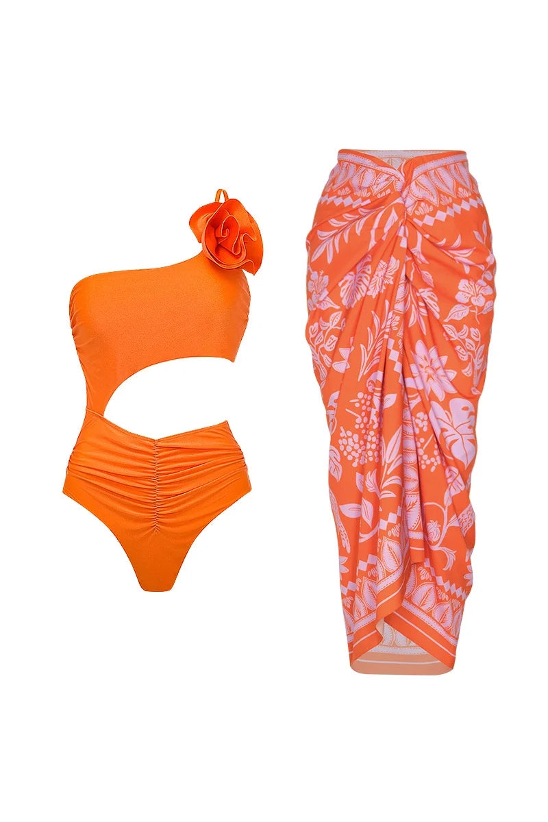 3D Floral Glossy Solid Swimsuit Set-ROVOLE