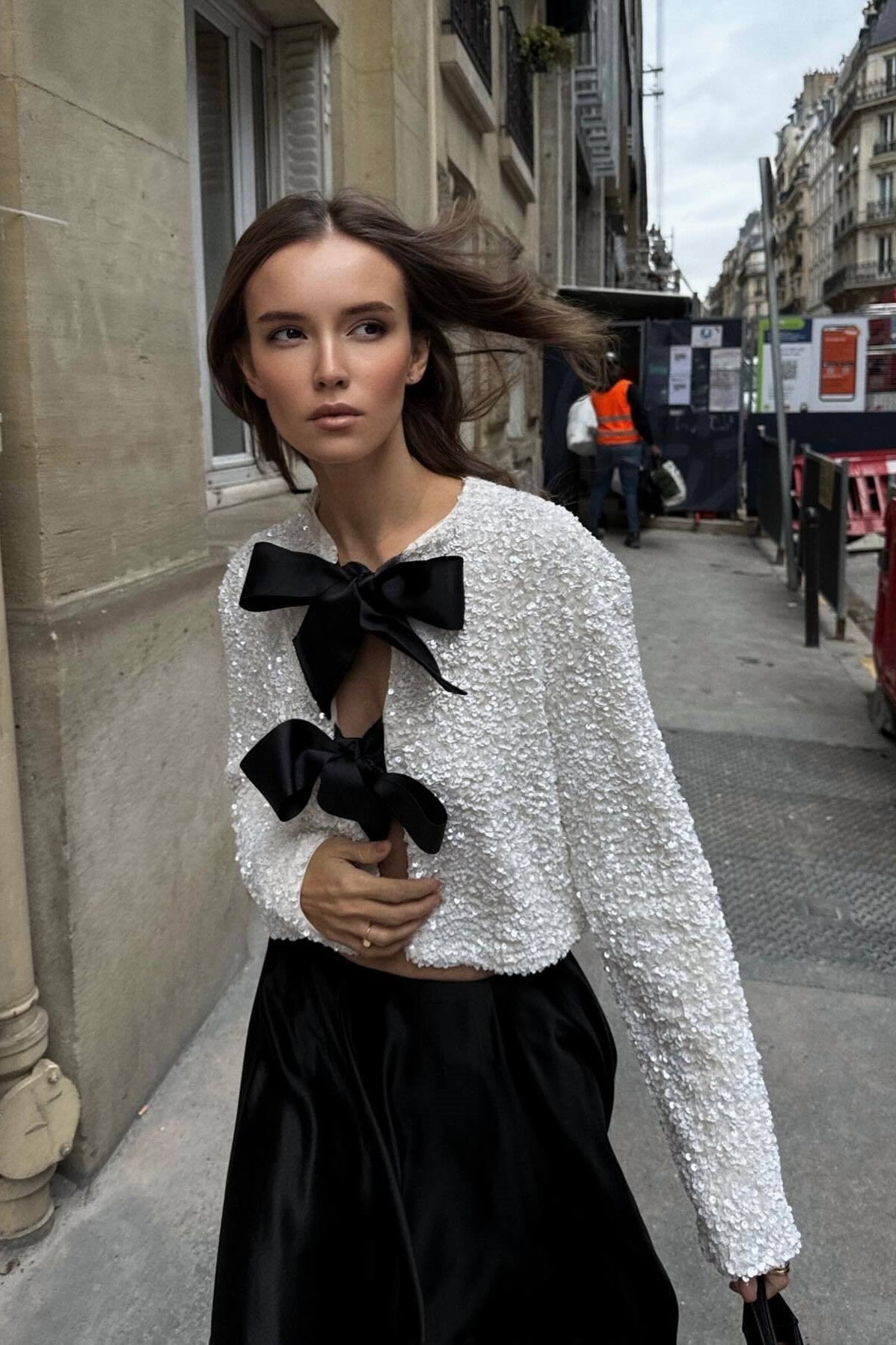Cara Bow-tie Sequins Coat-ROVOLE