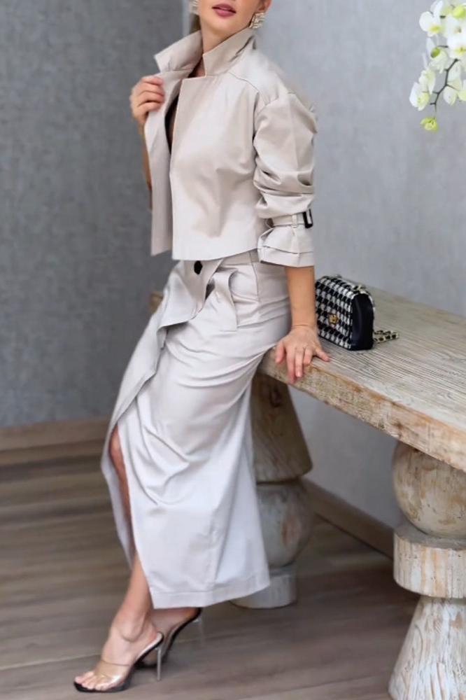 Fashion Lapel Jacket & Split Skirt Two-Piece Set-ROVOLE