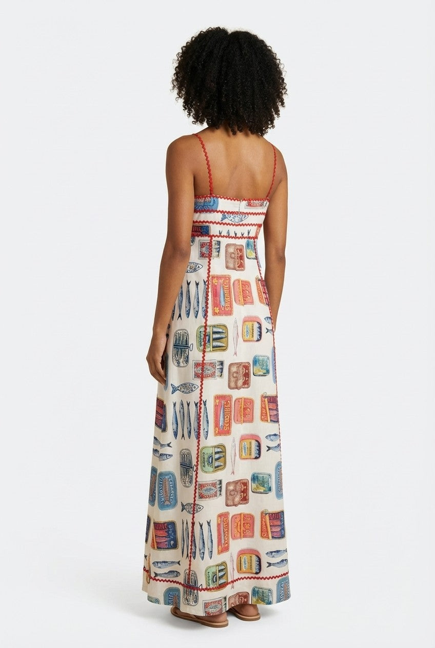 Coastal Catch Sardine Print Cotton Maxi Dress