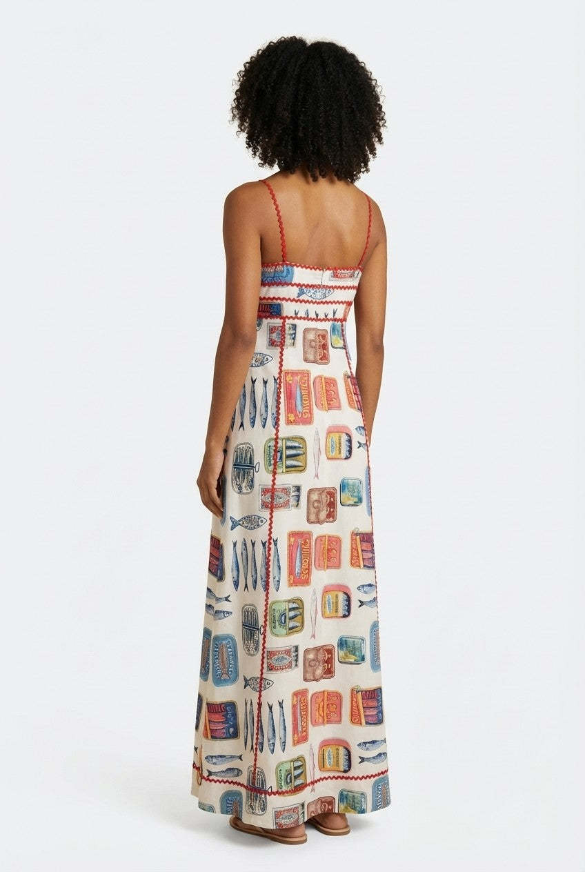 Coastal Catch Sardine Print Cotton Maxi Dress