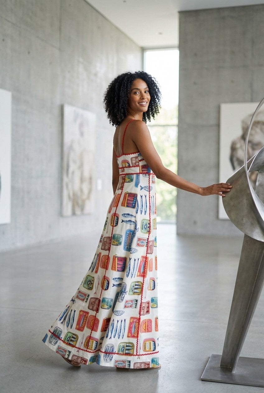 Coastal Catch Sardine Print Cotton Maxi Dress