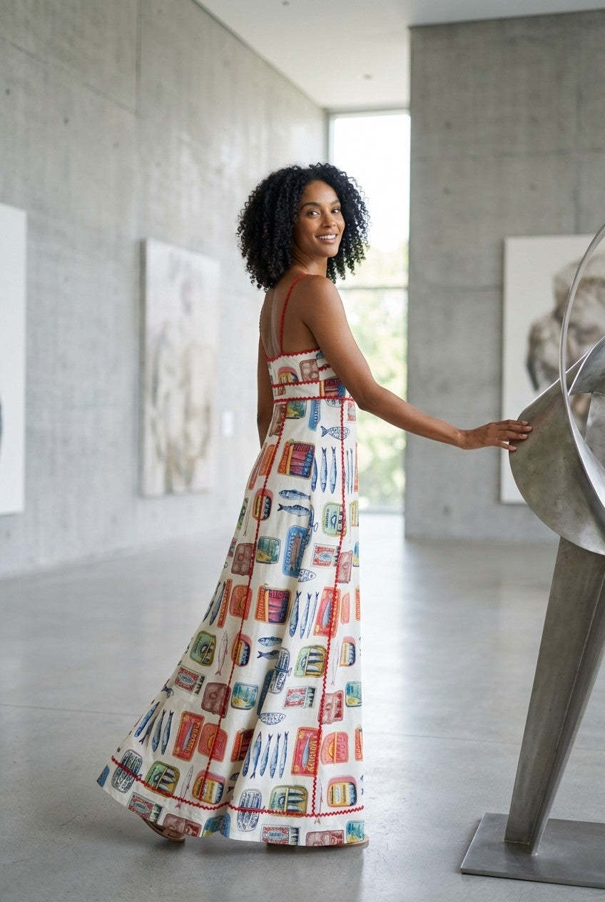 Coastal Catch Sardine Print Cotton Maxi Dress
