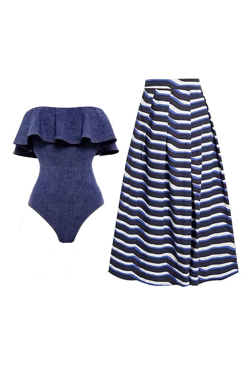 Denim Bandeau One Piece Swimsuit Set-ROVOLE
