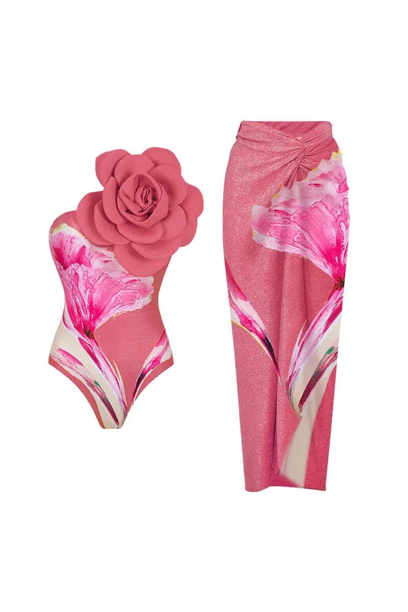 3D Floral Pink Print Swimsuit Set-ROVOLE