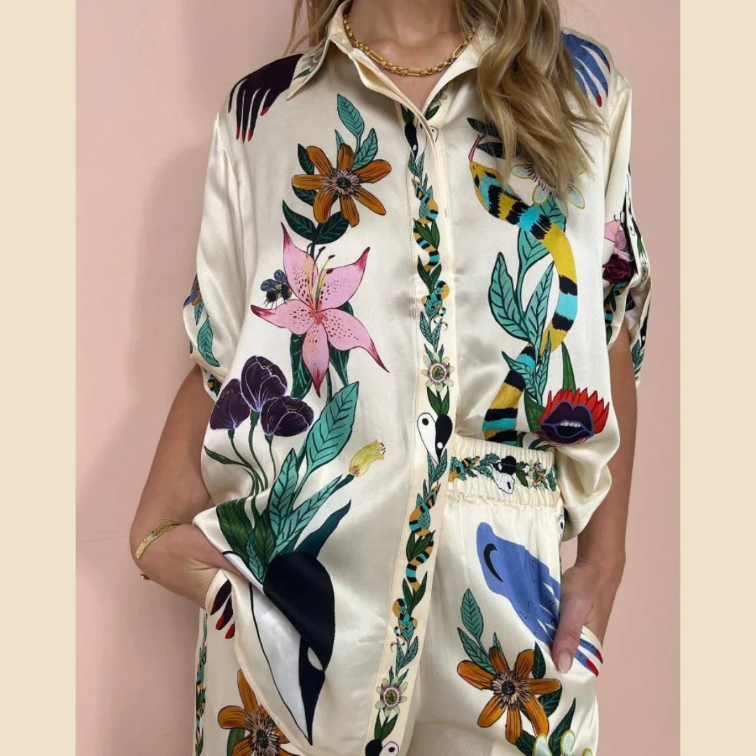 Boho Natureza Printed Satin Shirt & Pants Set-ROVOLE