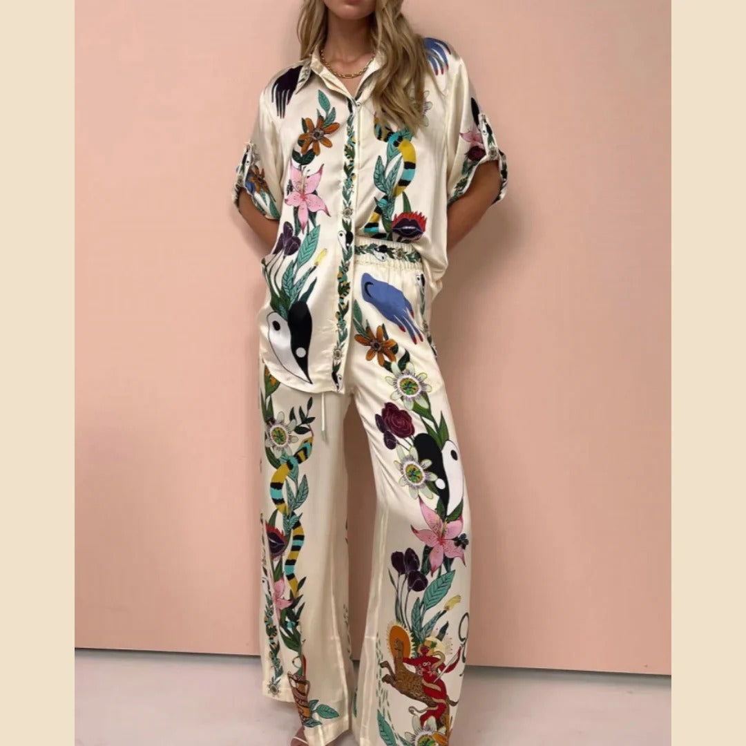 Boho Natureza Printed Satin Shirt & Pants Set-ROVOLE