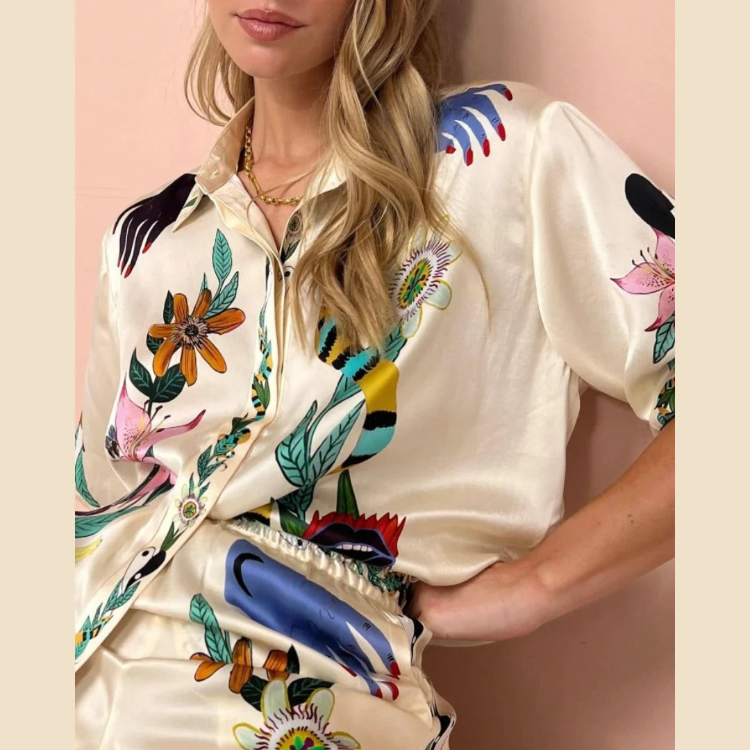Boho Natureza Printed Satin Shirt & Pants Set-ROVOLE