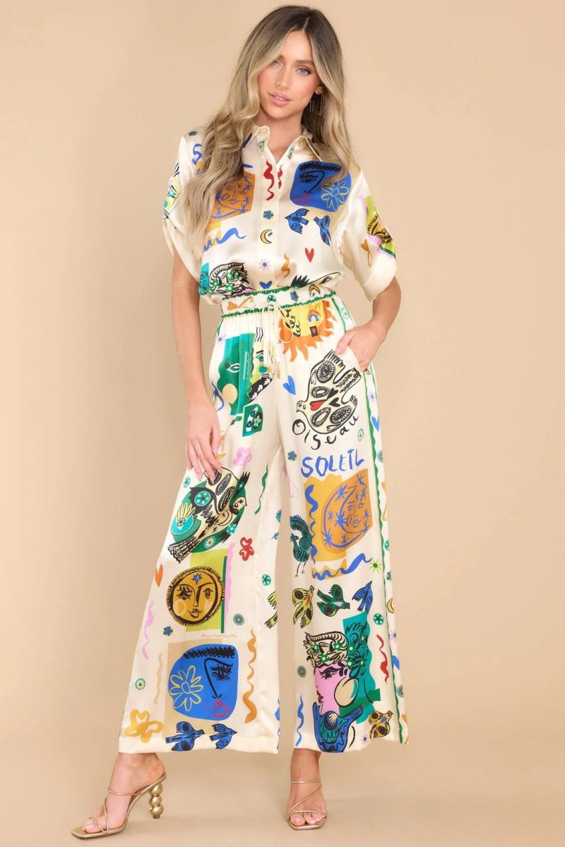 Oversized Ivory Print Shirt Pants Set-ROVOLE