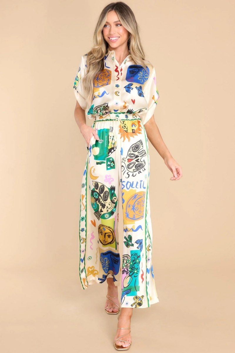 Oversized Ivory Print Shirt Pants Set-ROVOLE