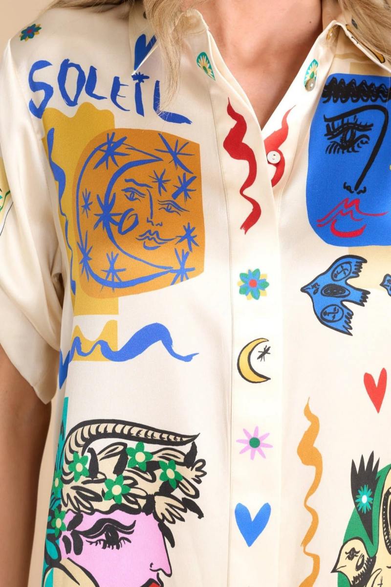 Oversized Ivory Print Shirt Pants Set-ROVOLE