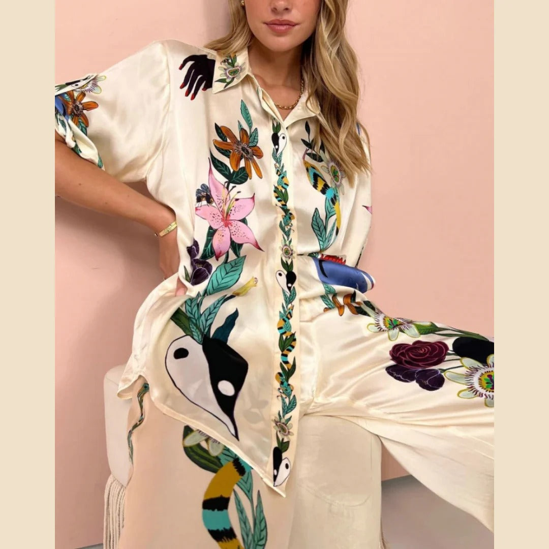 Boho Natureza Printed Satin Shirt & Pants Set-ROVOLE